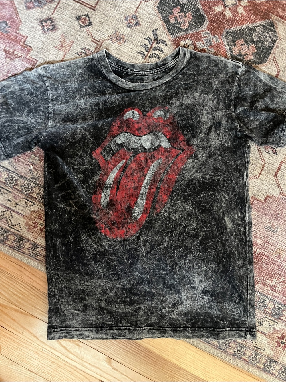 the Rolling Stones Black Mineral-Wash Tee with Red Tongue Graphic